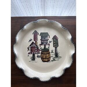Vintage Home & Garden Party Handmade Scalloped Platter Birdhouse Design Pie Dish